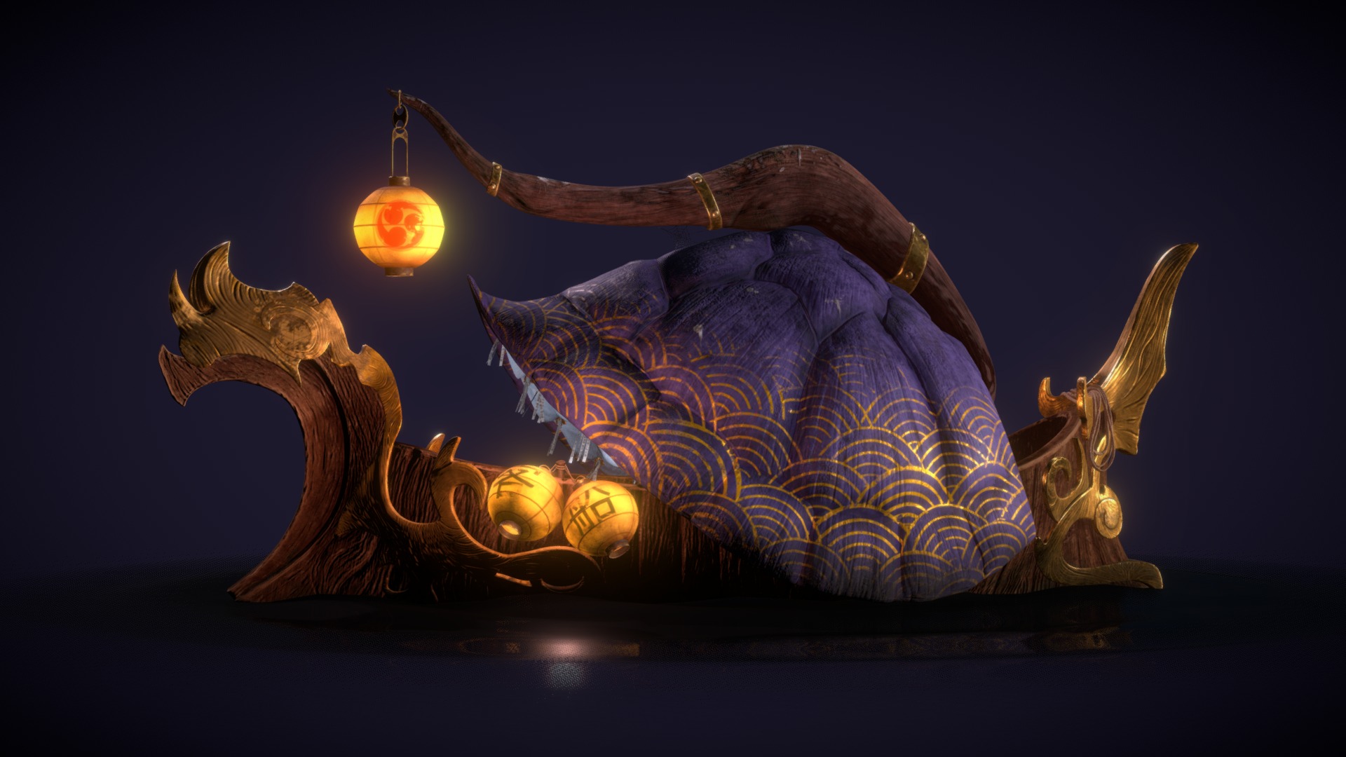 3D model Turtle Gondola on water - This is a 3D model of the Turtle Gondola on water. The 3D model is about a carved pumpkin with a light inside.