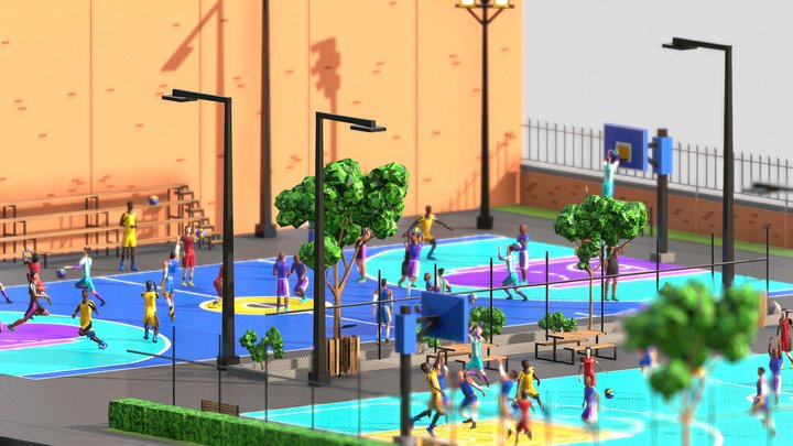 Lowpoly Basketball Players & Court 3D Model