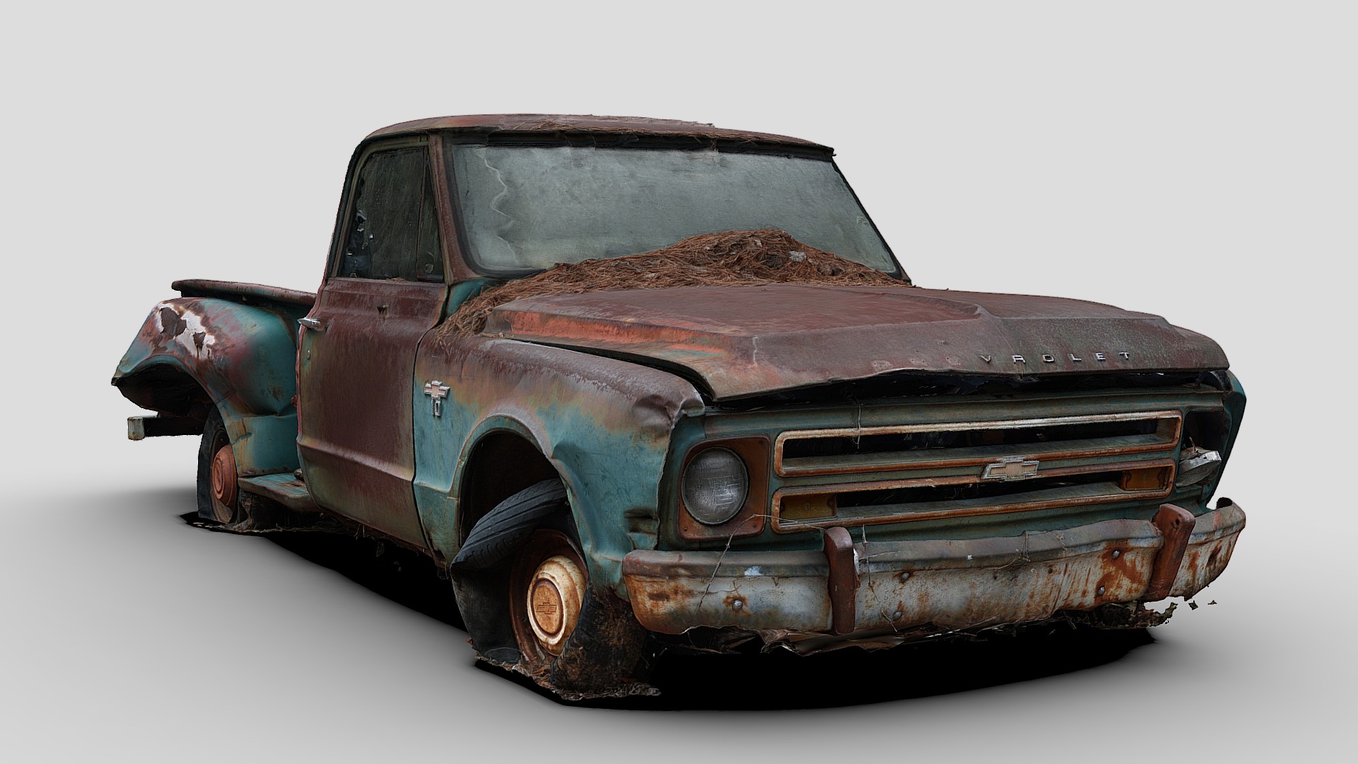 3D model Green Truck Wreck (Raw Scan) - This is a 3D model of the Green Truck Wreck (Raw Scan). The 3D model is about a brown car with a white background.