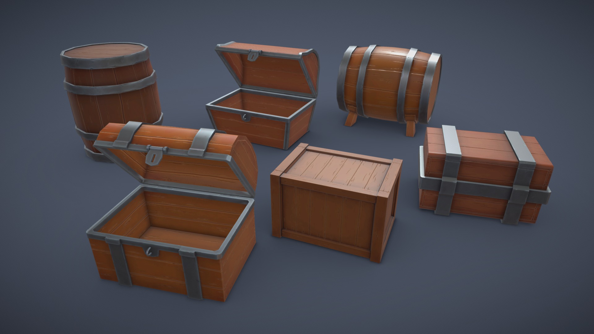 3D model Barrels, Boxes, Chests - This is a 3D model of the Barrels, Boxes, Chests. The 3D model is about a group of wooden chairs.