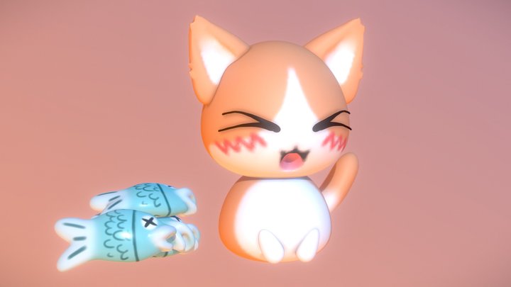 Cat with Fish 3D Model