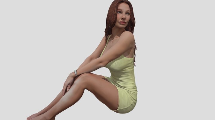 Red-haired girl sitting down on the floor 3D Model