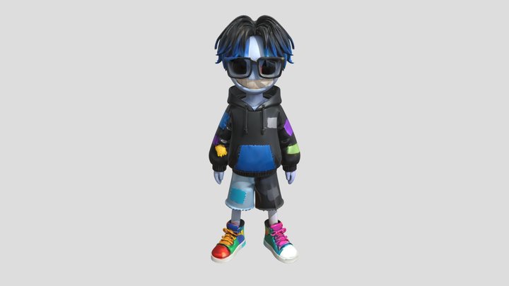 Stylized kid with patchwork hoodie and colorful 3D Model