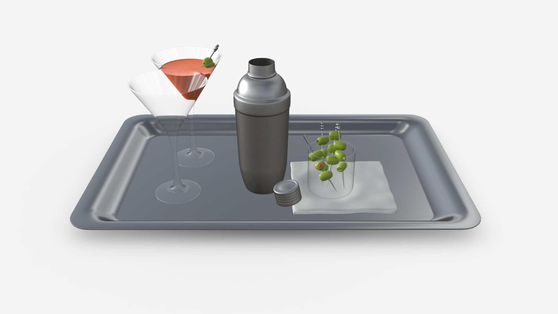 3D model Cocktail shaker on tray - This is a 3D model of the Cocktail shaker on tray. The 3D model is about a glass and a bottle of wine.