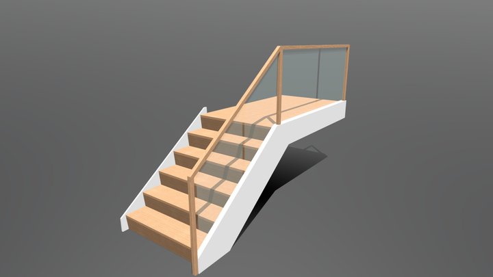 Waterfall stair w/ wood rail returns, glass 3D Model