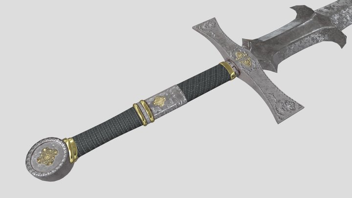 Silver fantasy long sword game ready low poly 3D Model