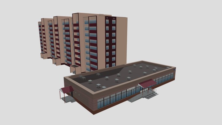 Apartment building and shop 3D Model