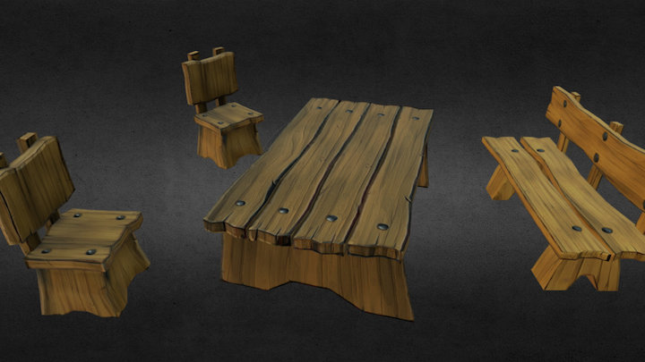 Wooden Table And Chairs 3D Model