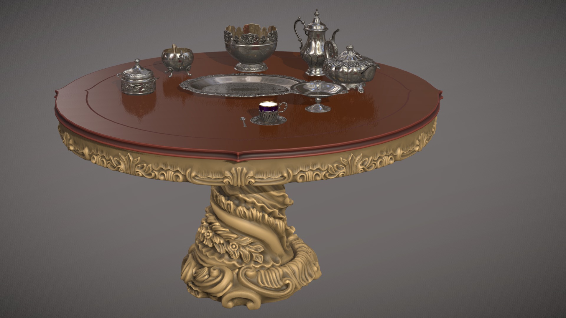 3D model Silver service set (9 effectivepoly items) - This is a 3D model of the Silver service set (9 effectivepoly items). The 3D model is about a table with a gold tray and silverware on it.