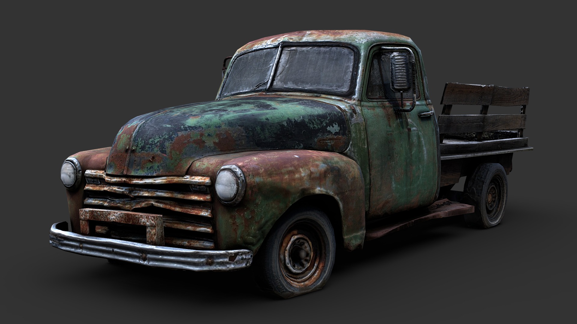 3D model Old Truck (Gameready from Scan) - This is a 3D model of the Old Truck (Gameready from Scan). The 3D model is about a green truck with a wooden crate on top.