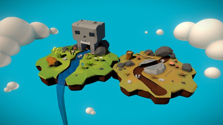 Low Poly Floating Gear Islands 3D Model