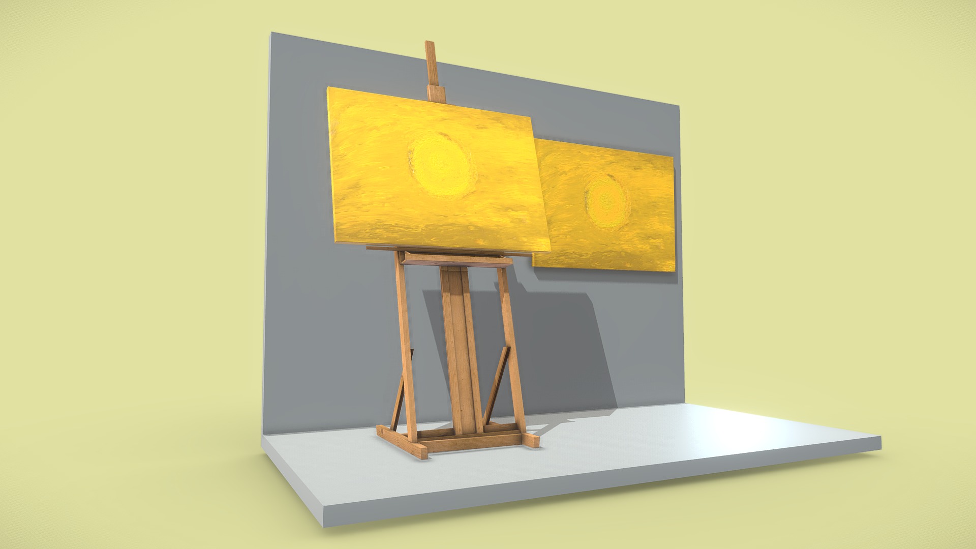 3D model Oil Painting – Yellow Circle - This is a 3D model of the Oil Painting - Yellow Circle. The 3D model is about a wooden easel on a white surface.