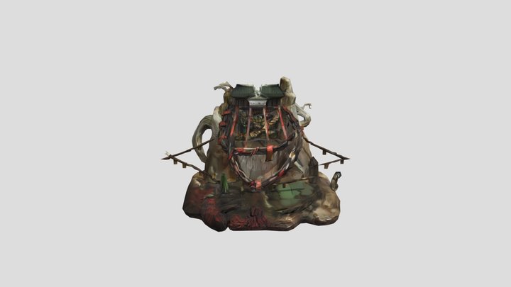 Shrine-like temple chained to a rocky mound 3D Model