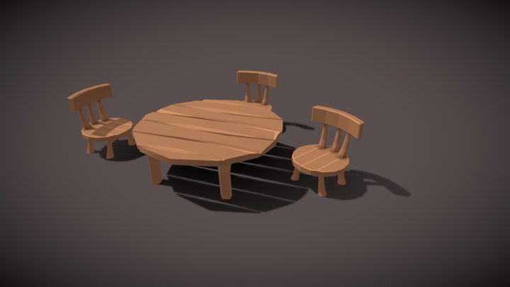 Stylized Low Poly wooden Round Table, Chairs 3D Model