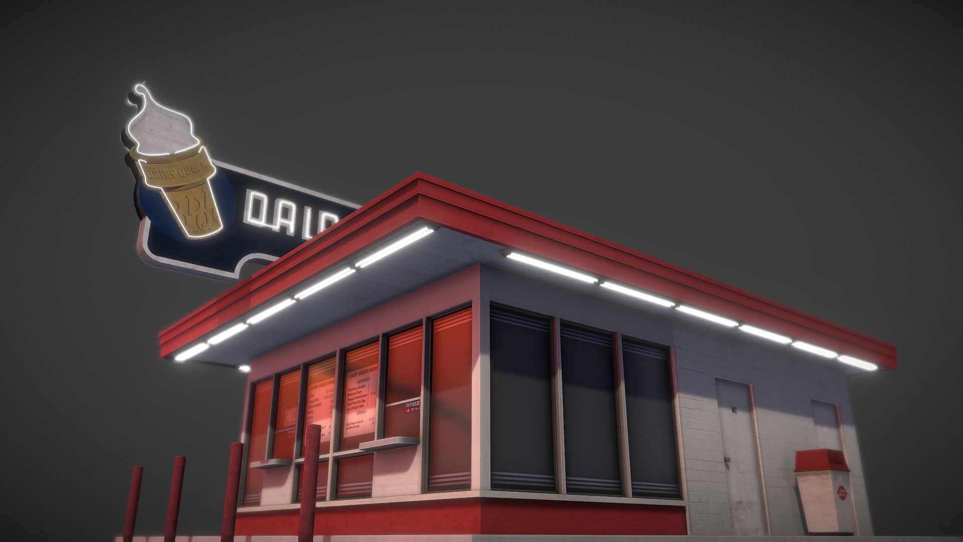 3D model Dairy Queen - This is a 3D model of the Dairy Queen. The 3D model is about a building with a sign on the roof.