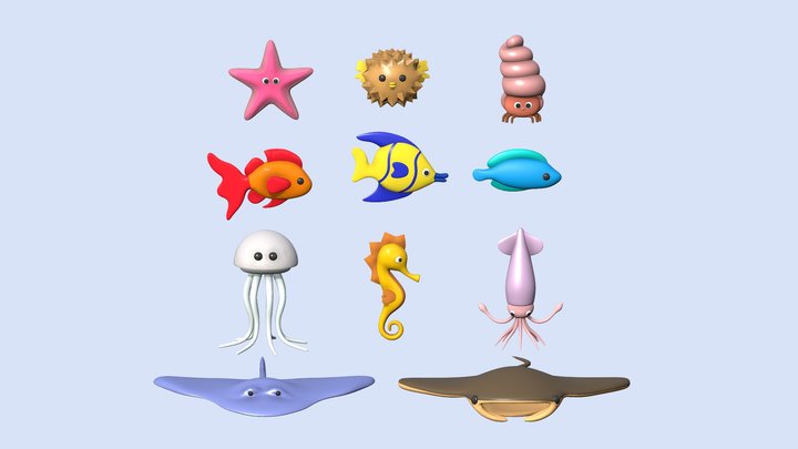 Cartoon Sea Creatures Set 3D Model