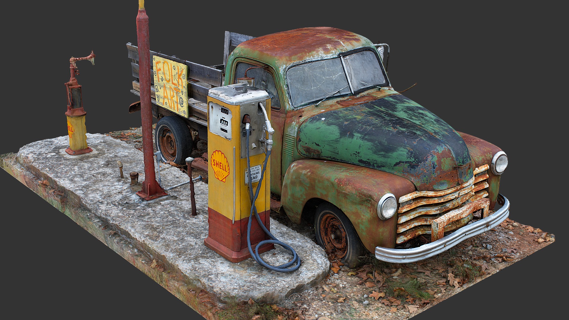 3D model Old Truck and Gas Pumps (Raw Scan) - This is a 3D model of the Old Truck and Gas Pumps (Raw Scan). The 3D model is about a rusty old truck.