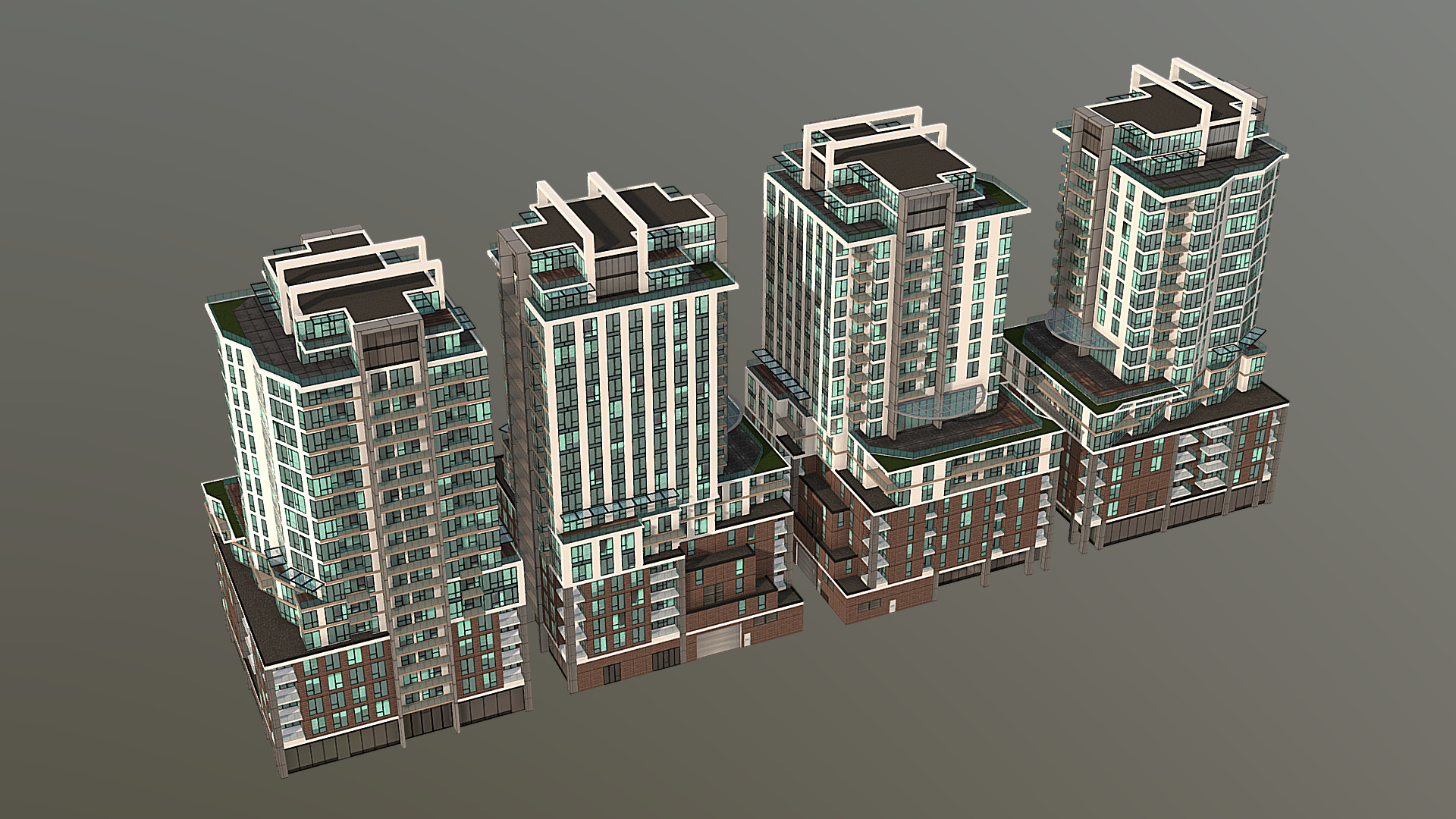 3D model Modern Condos Low - This is a 3D model of the Modern Condos Low. The 3D model is about a high angle view of buildings.