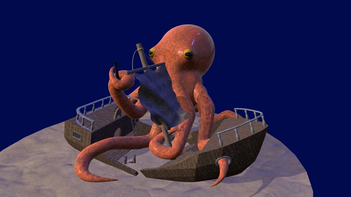 Giant Kraken Octopus taking over a pirate ship 3D Model
