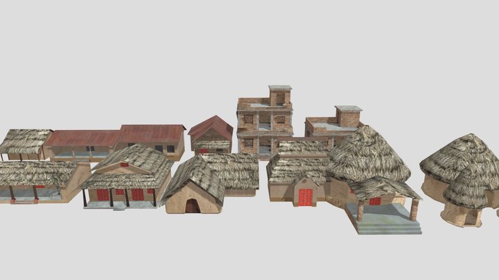 Low Poly Village Houses and Huts 3D Model