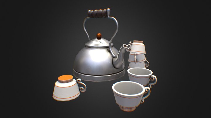 Teapot and teacups game prop asset 3D Model