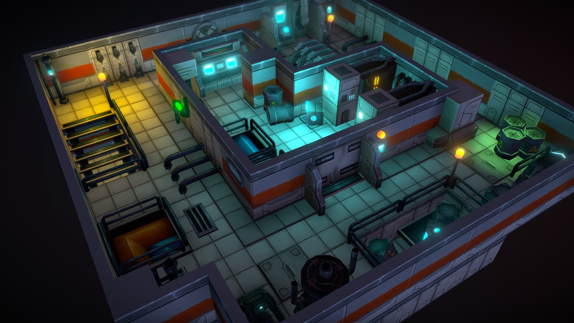 3D model Sci-Fi Modular Space Laboratory - This is a 3D model of the Sci-Fi Modular Space Laboratory. The 3D model is about a room with a large table and chairs and a large group of speakers.