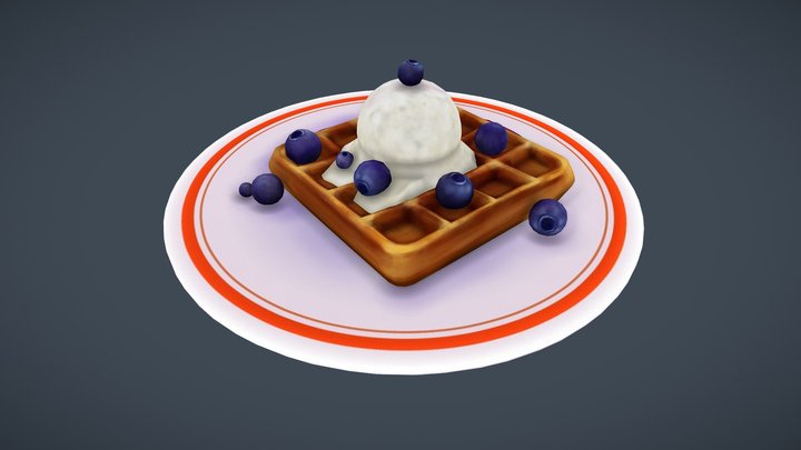 Waffle with blueberries, ice cream and jam 3D Model