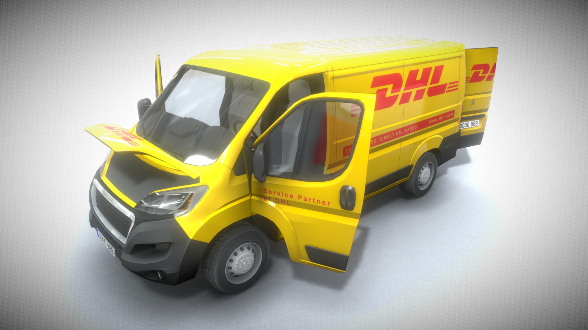 3D model Peugeot Boxer Dhl - This is a 3D model of the Peugeot Boxer Dhl. The 3D model is about a yellow truck with a red stripe.