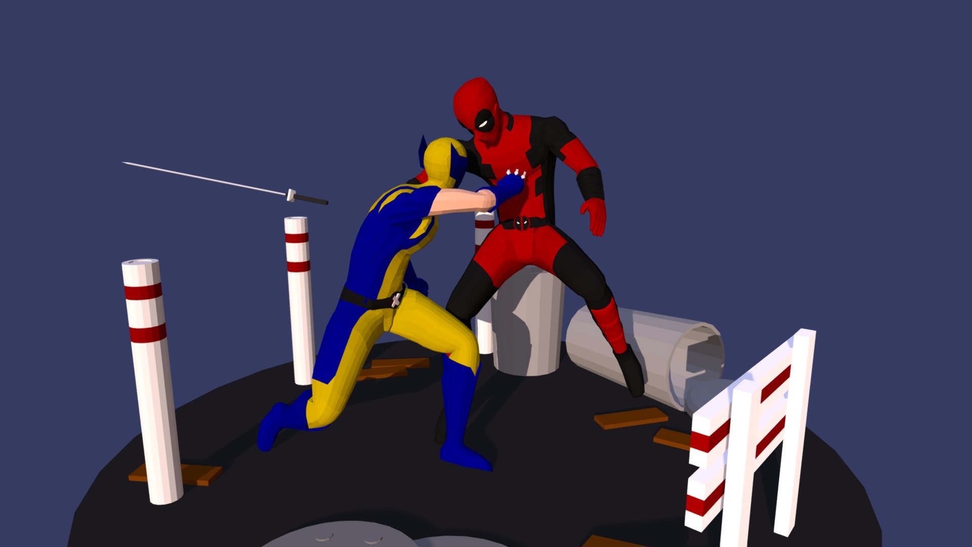 Deadpool vs Wolverine: low poly fight
