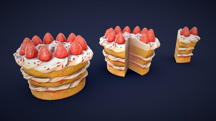 Stylized Strawberry Cake - Low Poly 3D Model