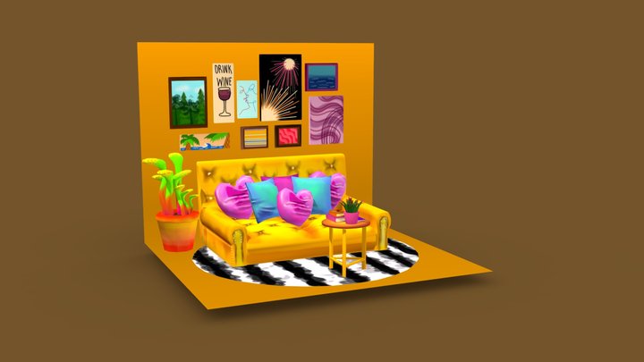 Hand-painted low poly living room set 3D Model