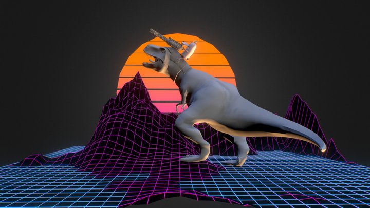 Retrowave Dog Riding Weaponized Dinosaur (WIP) 3D Model