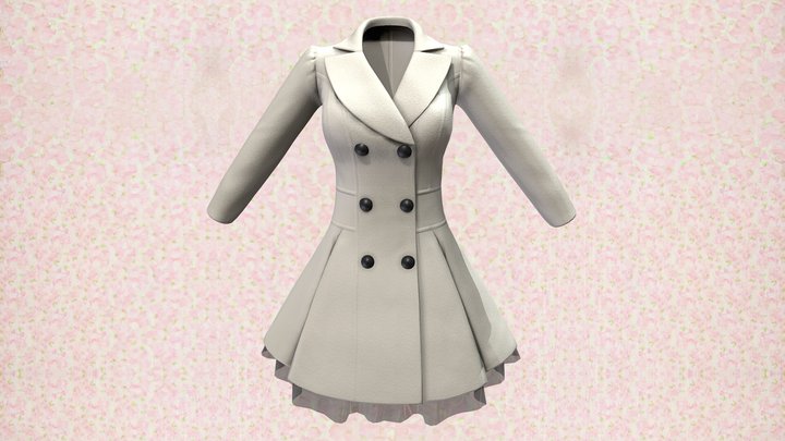 Female Double Breasted Flared Winter Coat 3D Model