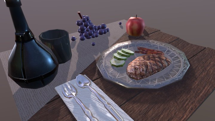 [Food] Meat and Wine 3D Model