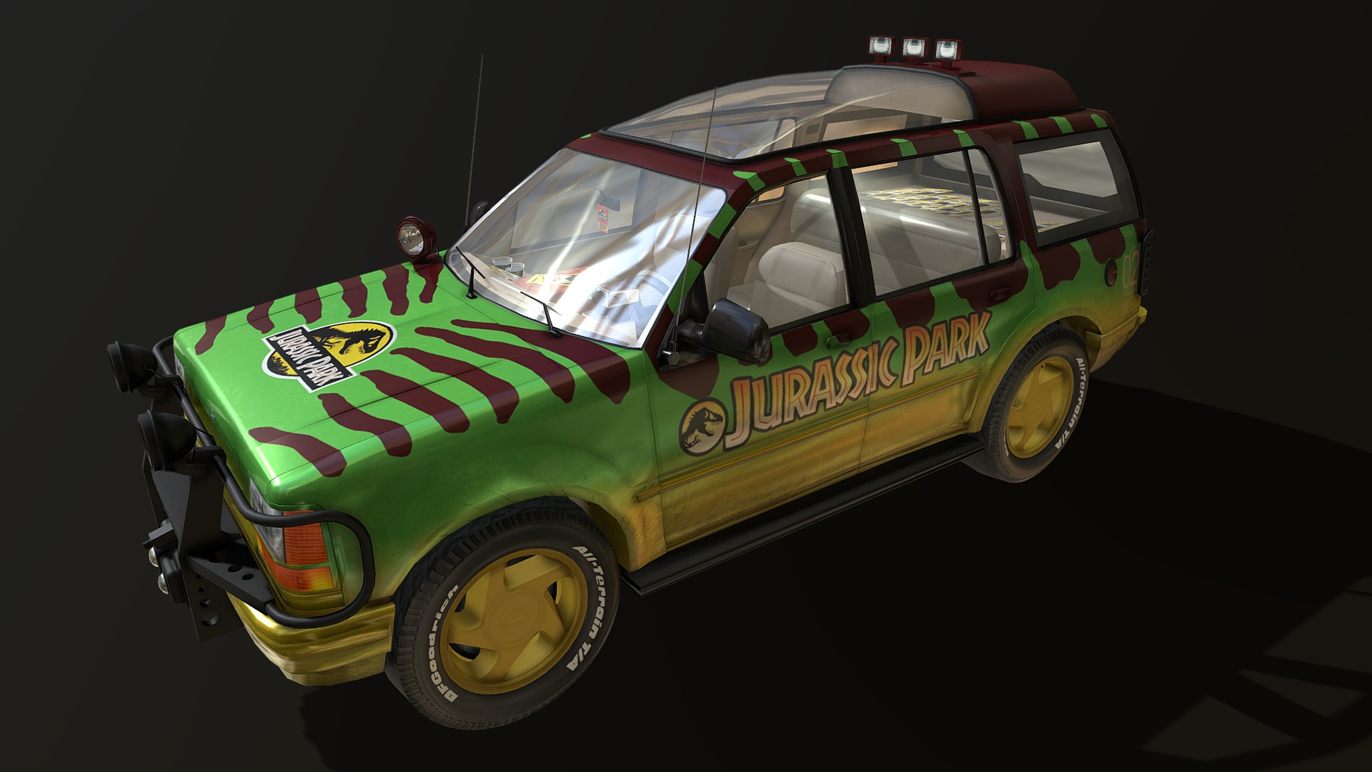3D model Explorer Jurassic Park Tour Car - This is a 3D model of the Explorer Jurassic Park Tour Car. The 3D model is about a green and yellow car.