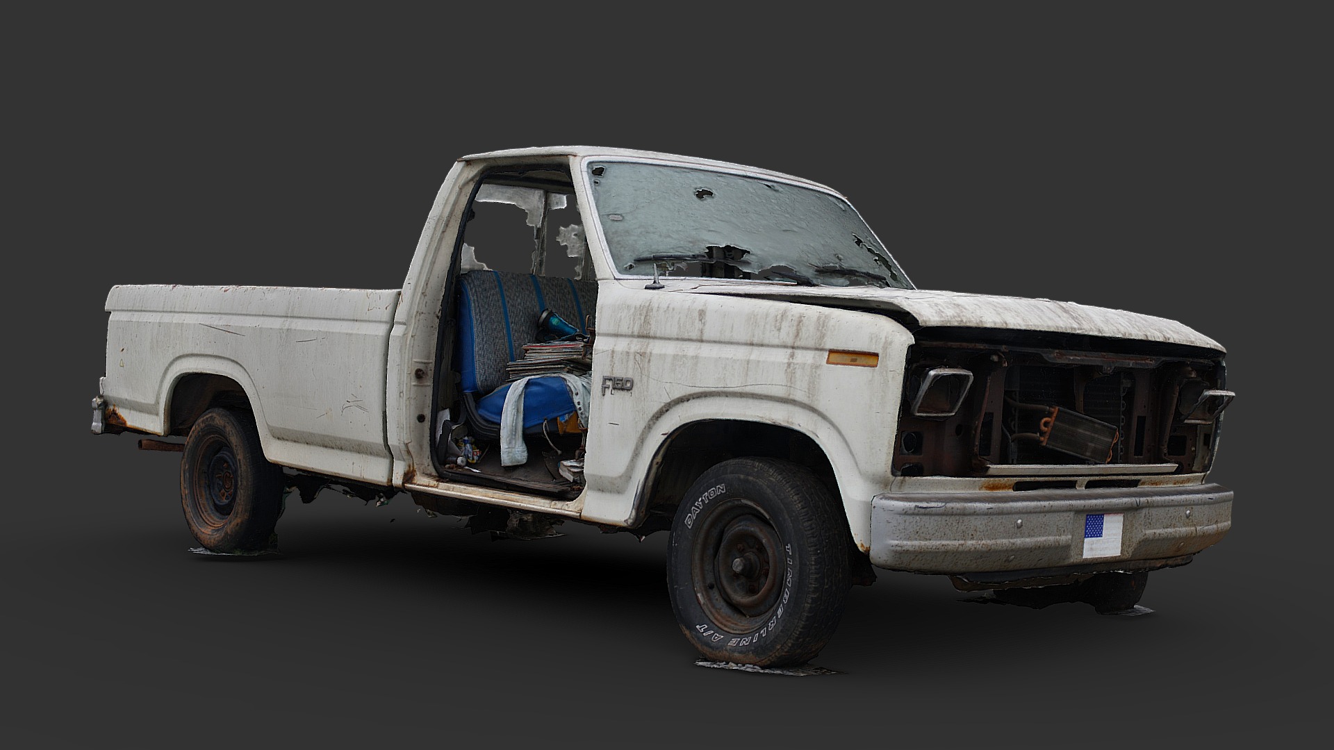 3D model Vandalized Truck (Raw Scan) - This is a 3D model of the Vandalized Truck (Raw Scan). The 3D model is about a white truck with a blue seat.