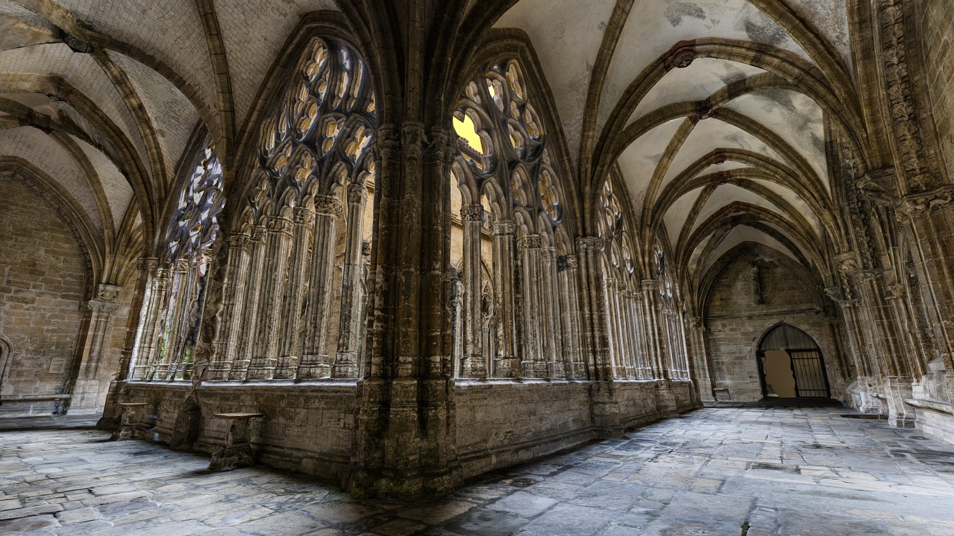 3D model Gothic cloister photogrammetry scan - This is a 3D model of the Gothic cloister photogrammetry scan. The 3D model is about a large ornate building with arched windows.