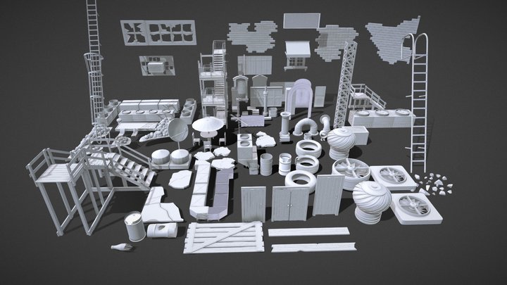 100 Roof Top and Exterior Modular Kitbash 3D Model