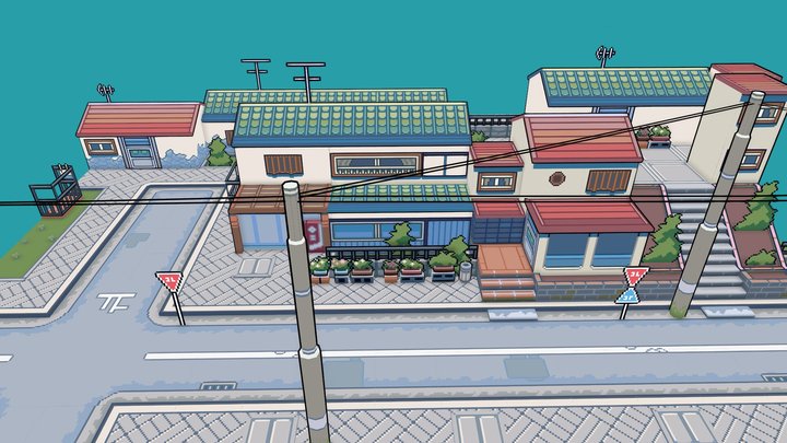 3D Pixel Art Town Scene 3D Model