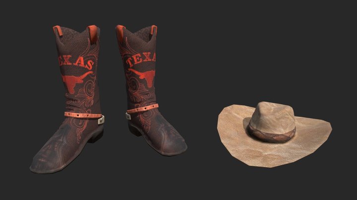 Cowboy Boots and Hat 3D Model