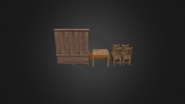 T - Bookshelf, Dining Table, Wooden Chairs & Rug 3D Model