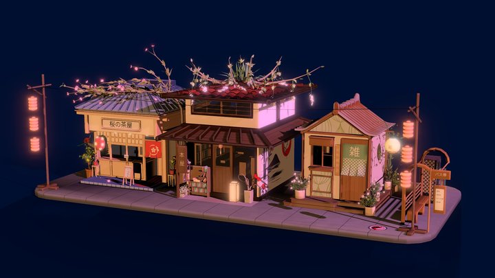 Stylized Japanese Mini Street Diorama 3D Model
