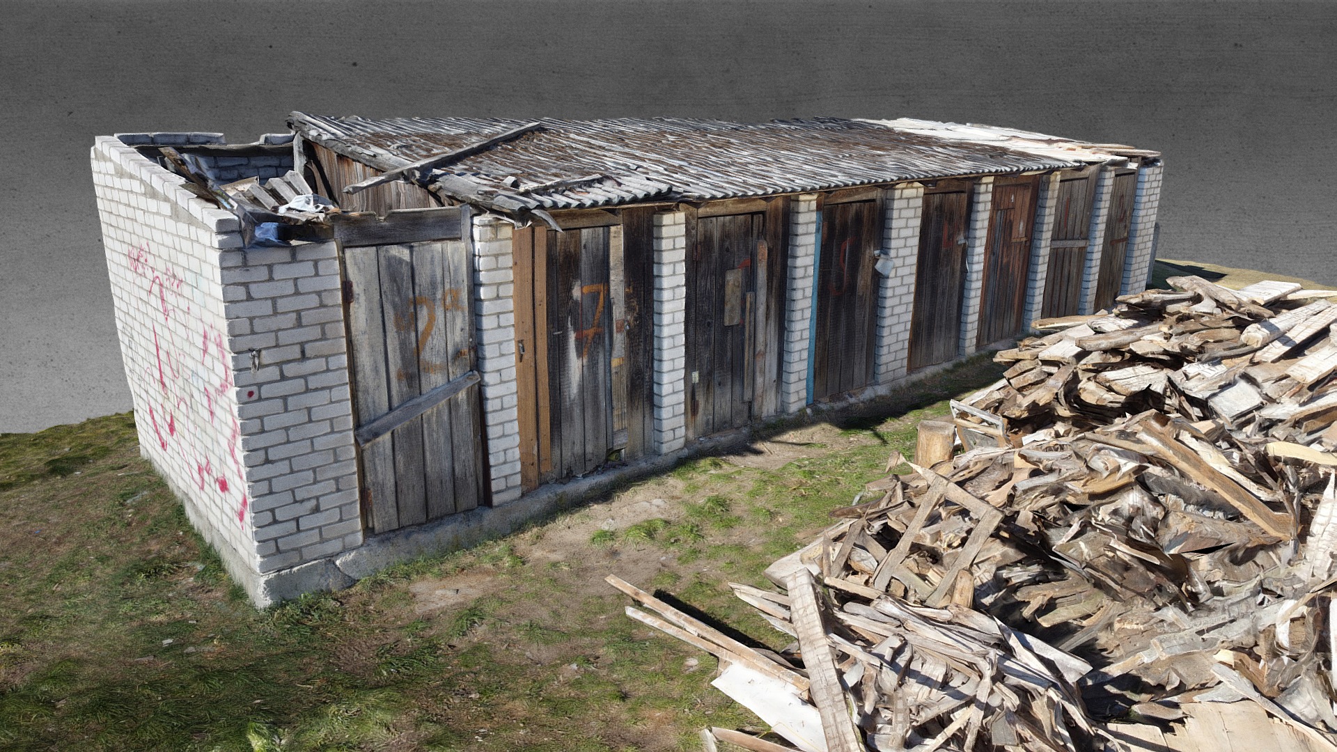 3D model White Brick Wooden Shed - This is a 3D model of the White Brick Wooden Shed. The 3D model is about a building that has been destroyed.