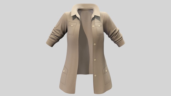 Female Short Trench Coat With Gathered Sleeves 3D Model