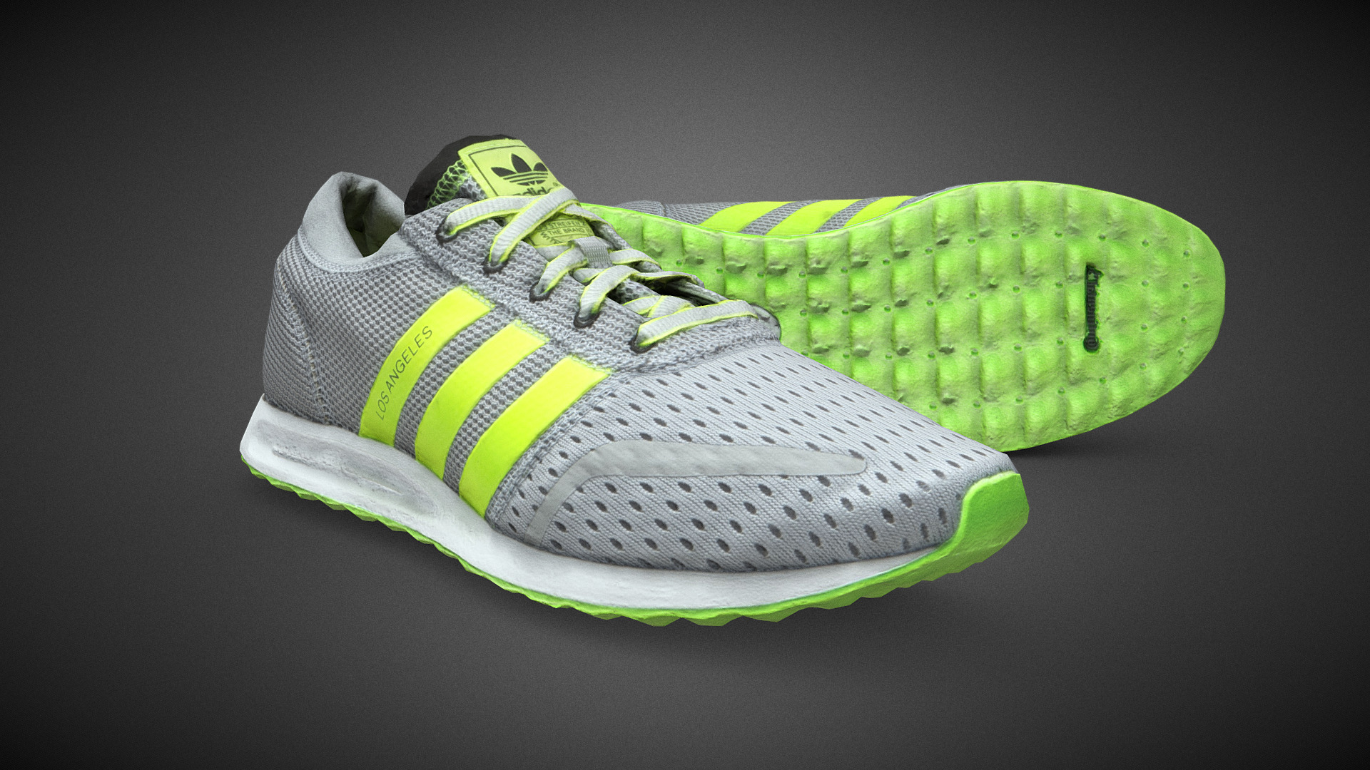 3D model Adidas Los Angeles - This is a 3D model of the Adidas Los Angeles. The 3D model is about a green and yellow tennis shoe.