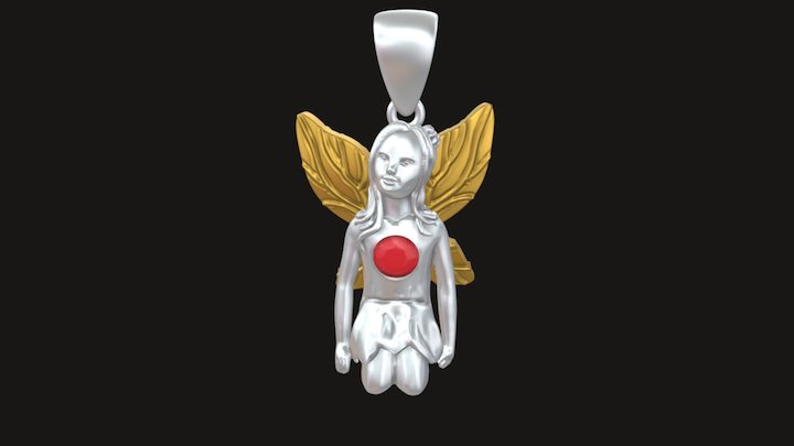 white yellow gold pendant of fairy with rubys 3D Model
