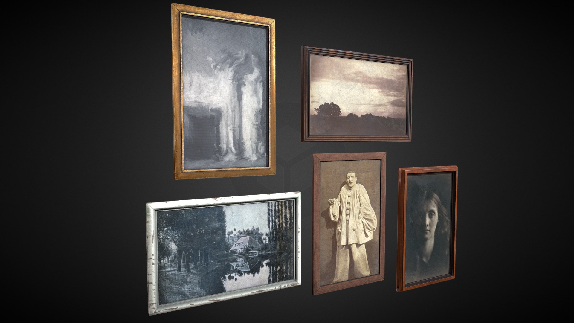 3D model Picture Frames – PBR - This is a 3D model of the Picture Frames - PBR. The 3D model is about a group of paintings on a wall.