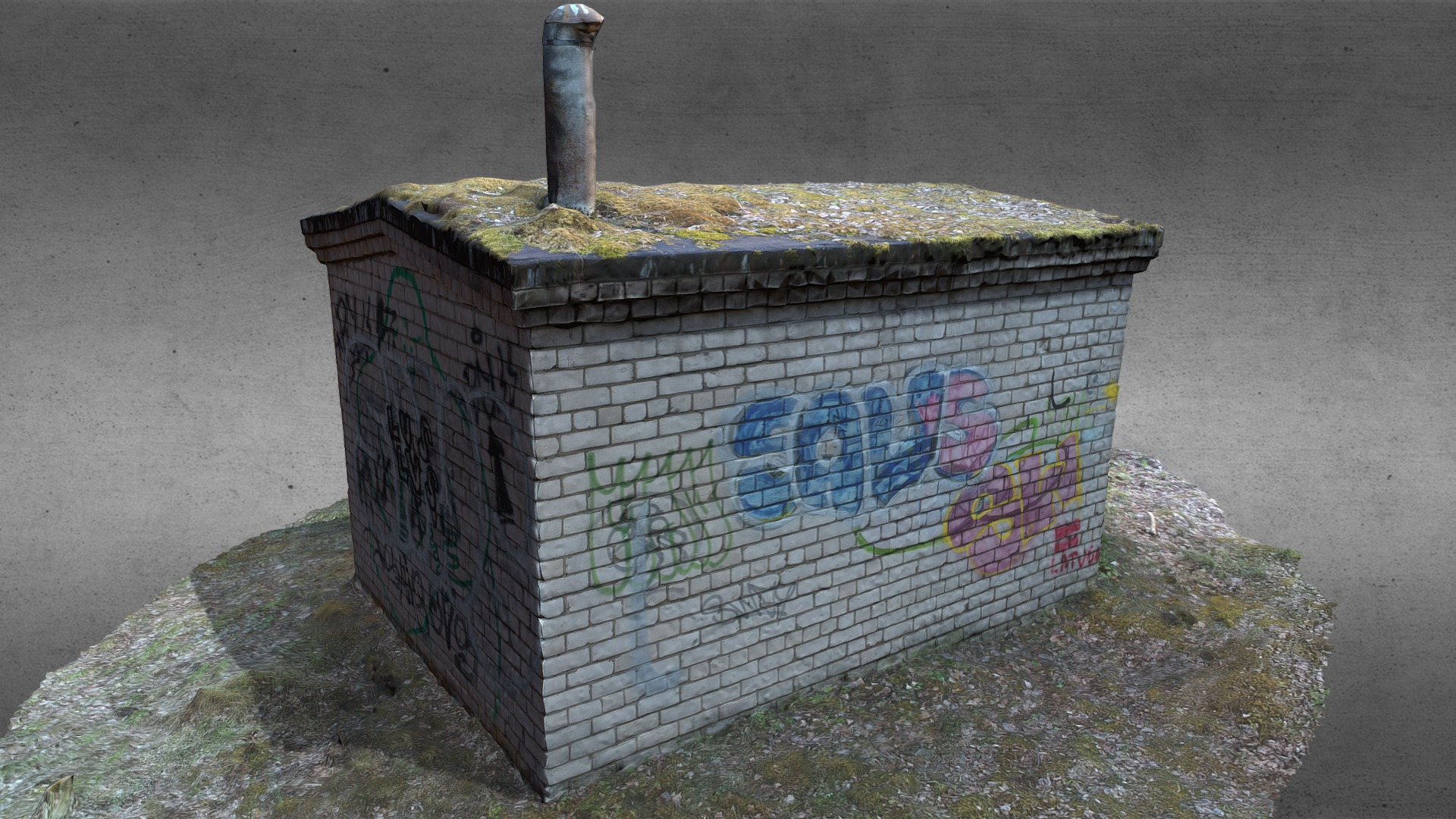 3D model Brick Building with Grafitti - This is a 3D model of the Brick Building with Grafitti. The 3D model is about a large stone box with a sign on it.