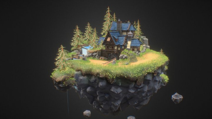 Stylized 3D Floating Island And Mine House 3D Model