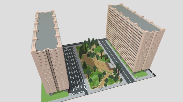 Two modern buildings with a park in Minecraft. 3D Model